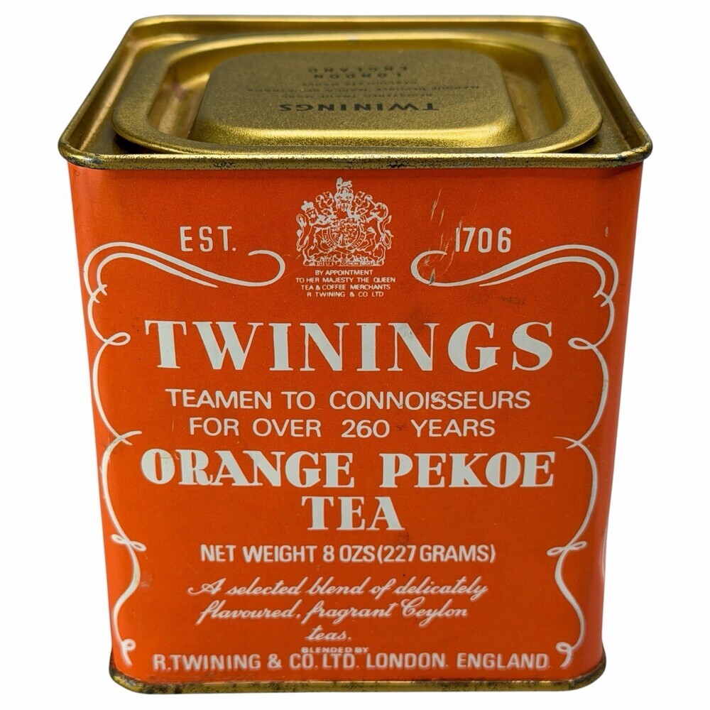 Twinings Orange Pekoe Tea Container 8oz Gold Tin England Empty Collectible VTG